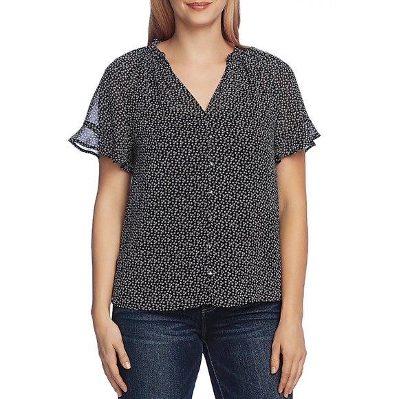 VINCE CAMUTO Ruffle-Sleeve Floral Blouse Black / White - NWT - Size Medium - Picture 1 of 1